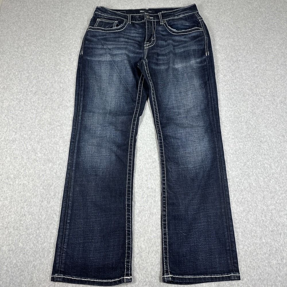 BKE Buckle Men's Derek Boot Leg Denim Jeans 31x30 Dark Wash Stretch White Stitch